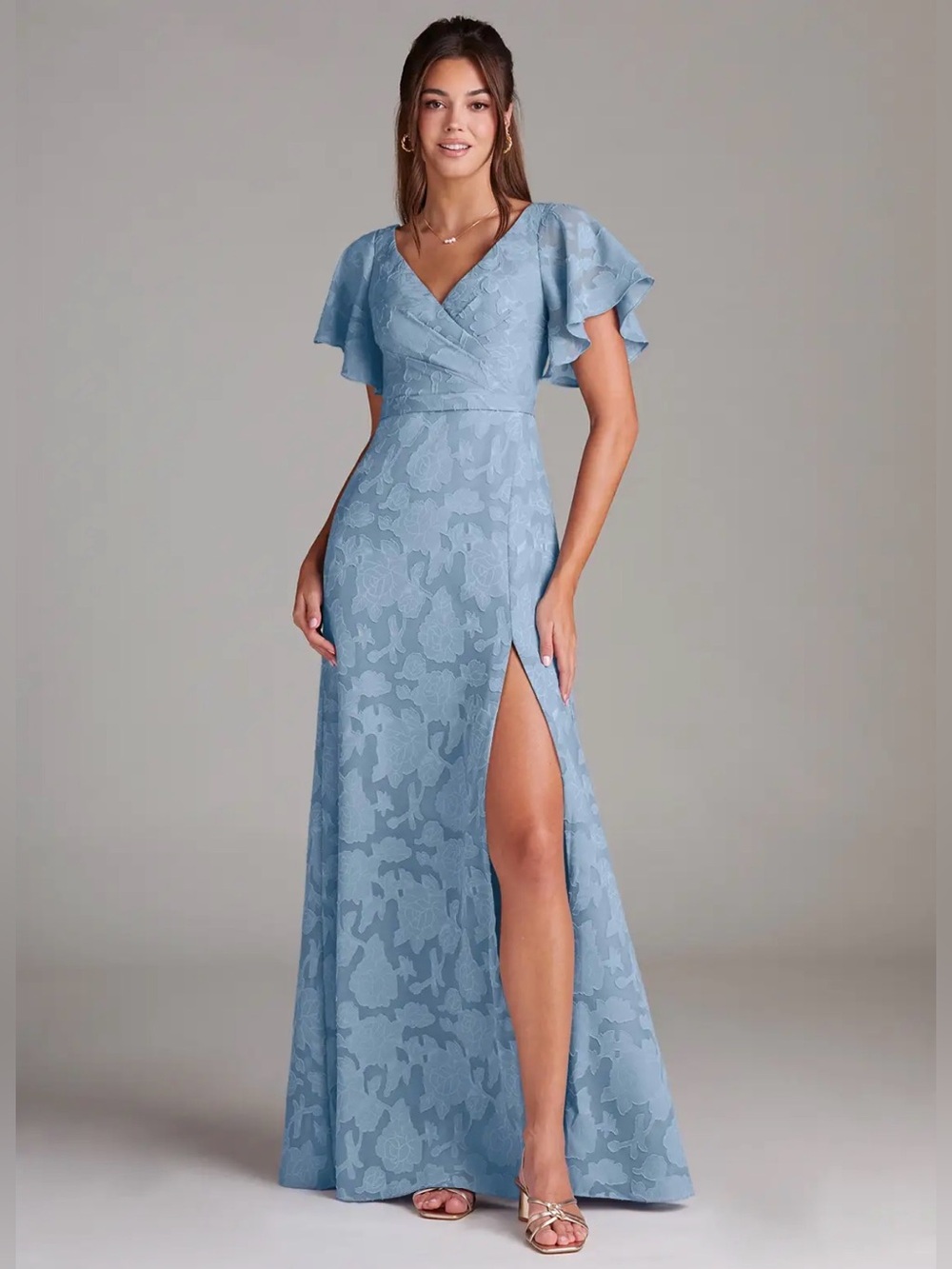 Azazie Slate Blue Floral Jacquard Maxi Flutter Sleeves High Slit Dress Size 10